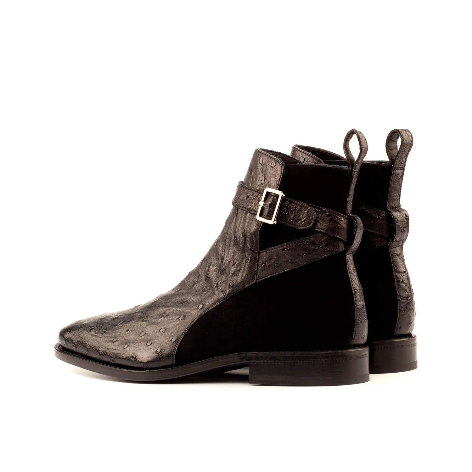 Ambrogio Bespoke Custom Men's Shoes Black Exotic Ostrich Skin / Suede Leather Jodhpur Boots (AMB2170)