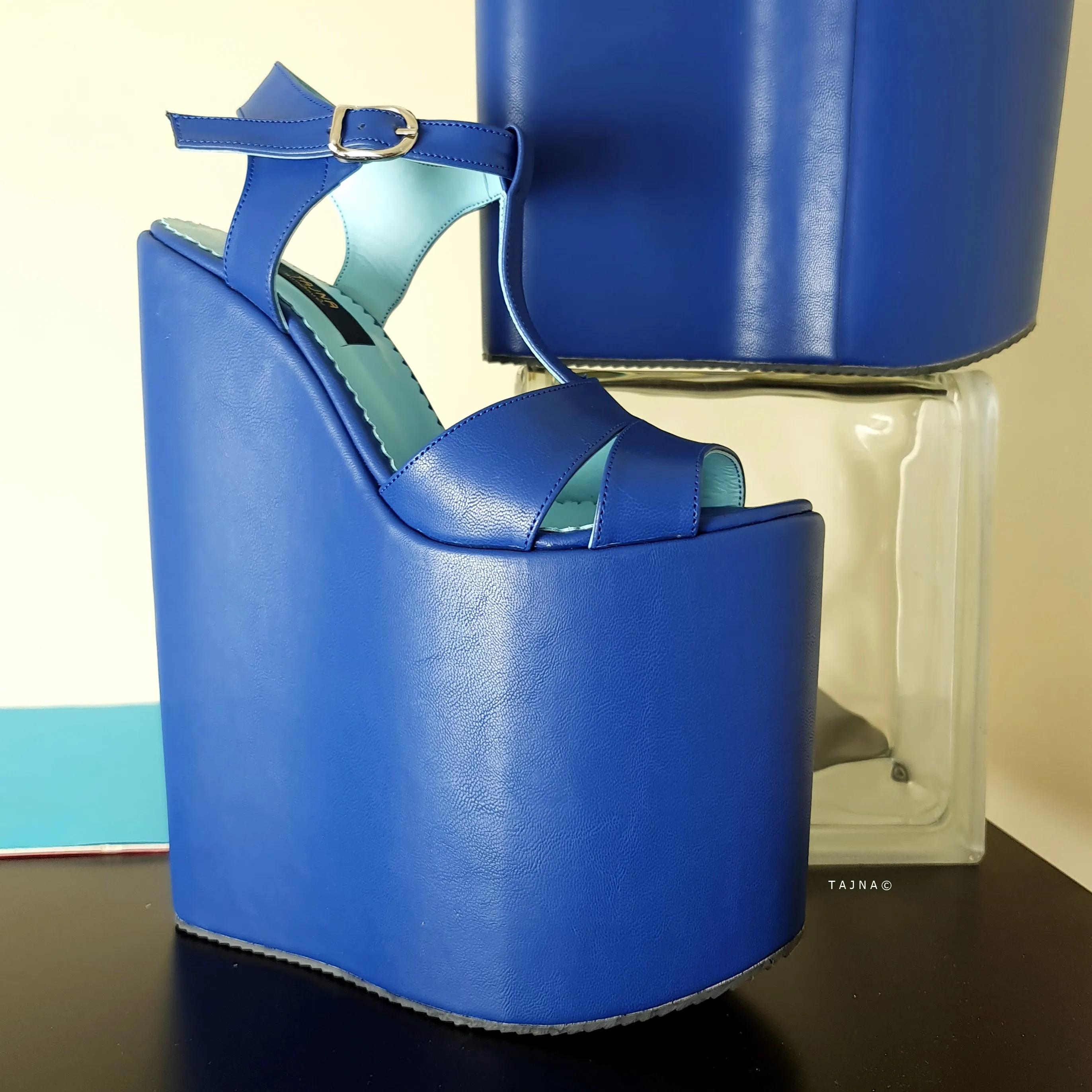 Blue Cross T Strap Detail Wedge Platform Sandals