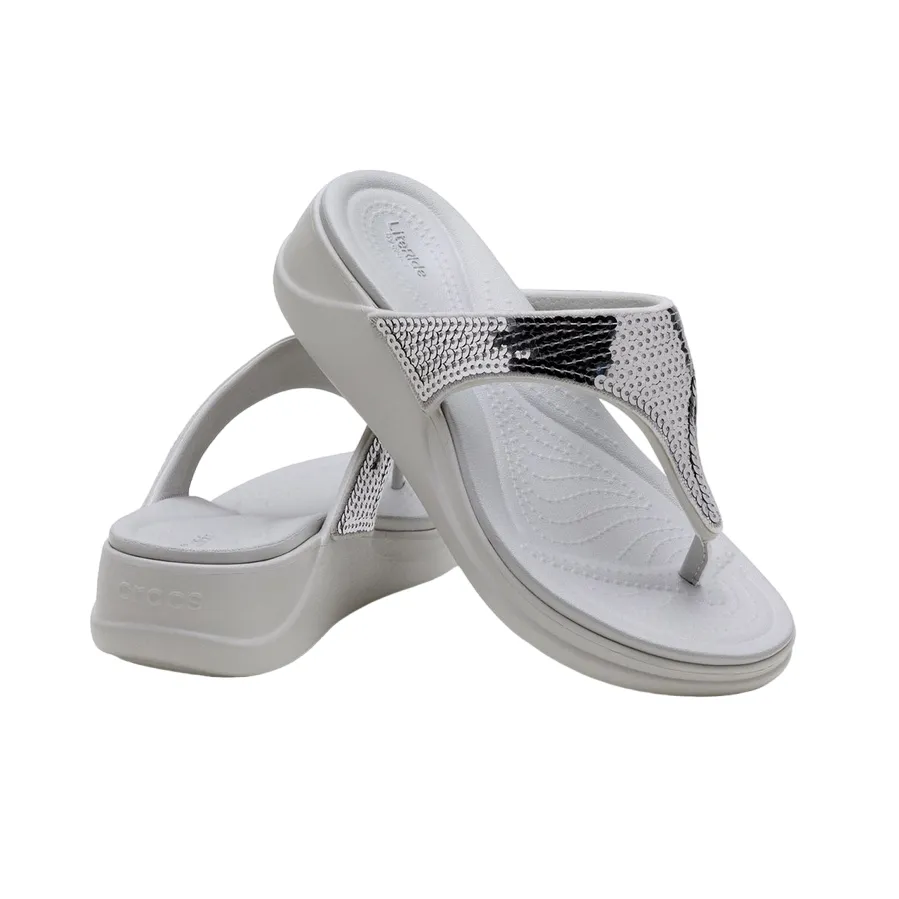 Crocs women's wedge thong sandal Crocs Boca Sequin Wedge Flip W 207647-178 pearl white-silver