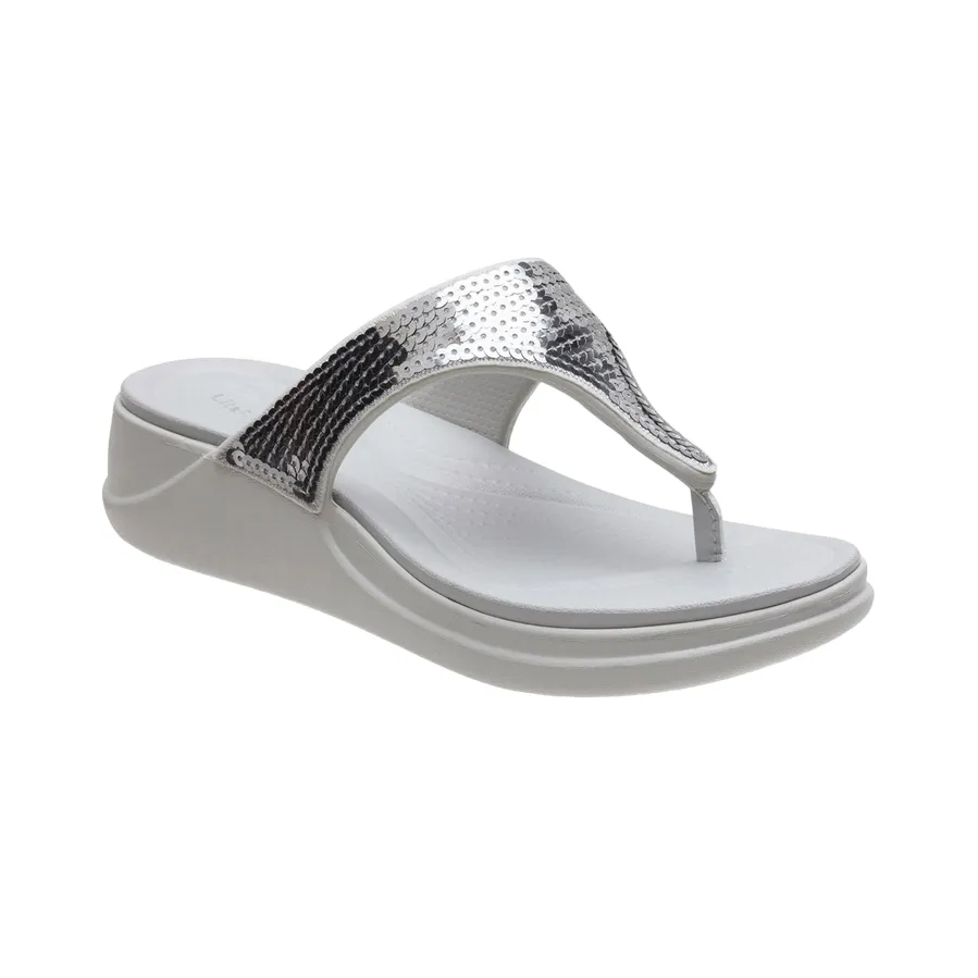 Crocs women's wedge thong sandal Crocs Boca Sequin Wedge Flip W 207647-178 pearl white-silver