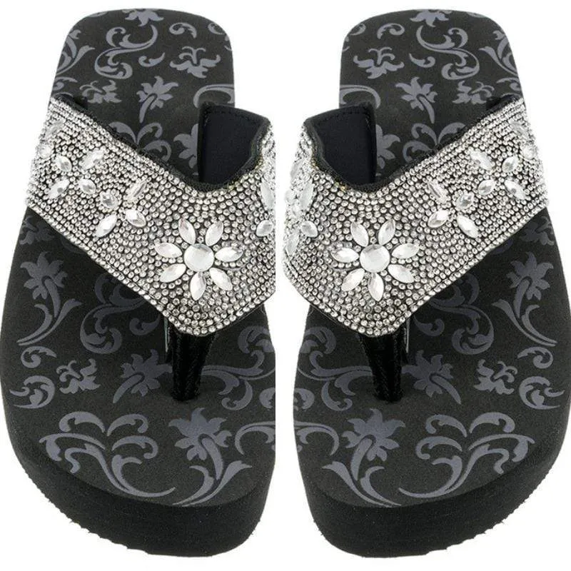 Crystal Flower Wedge Flip Flops