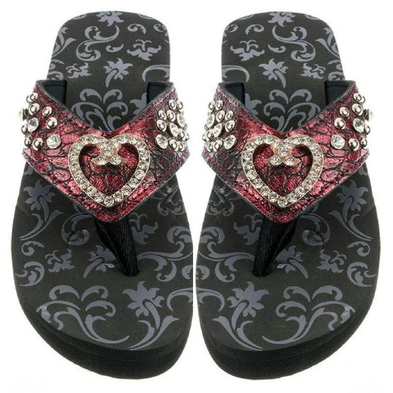 Crystal Heart Wedge Flip Flops Red