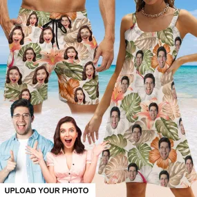 Custom Face Tropical Leaves Couple Swim Shorts&Dress Men's Swim Trunks Women's Beach Sling Skirt