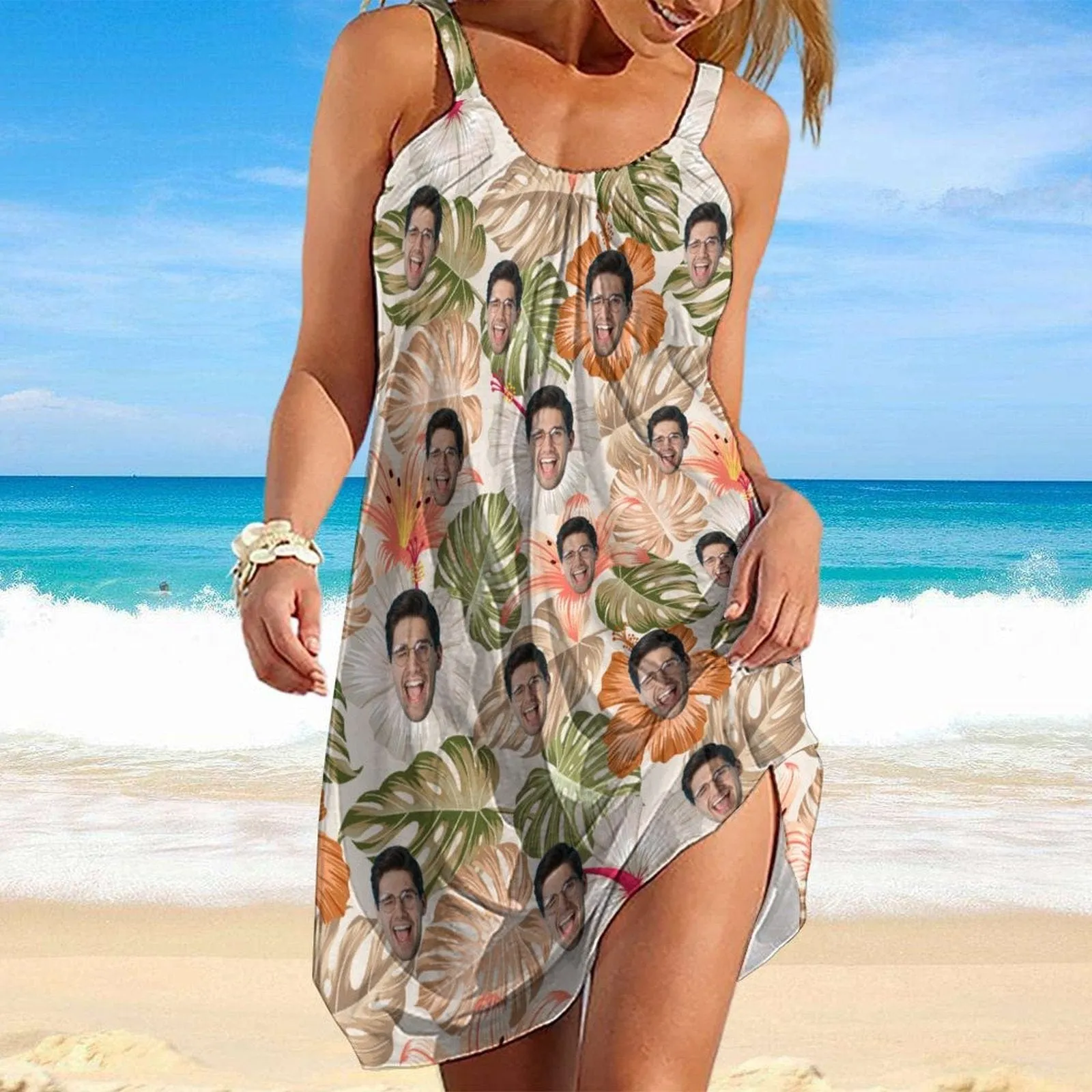 Custom Face Tropical Leaves Couple Swim Shorts&Dress Men's Swim Trunks Women's Beach Sling Skirt