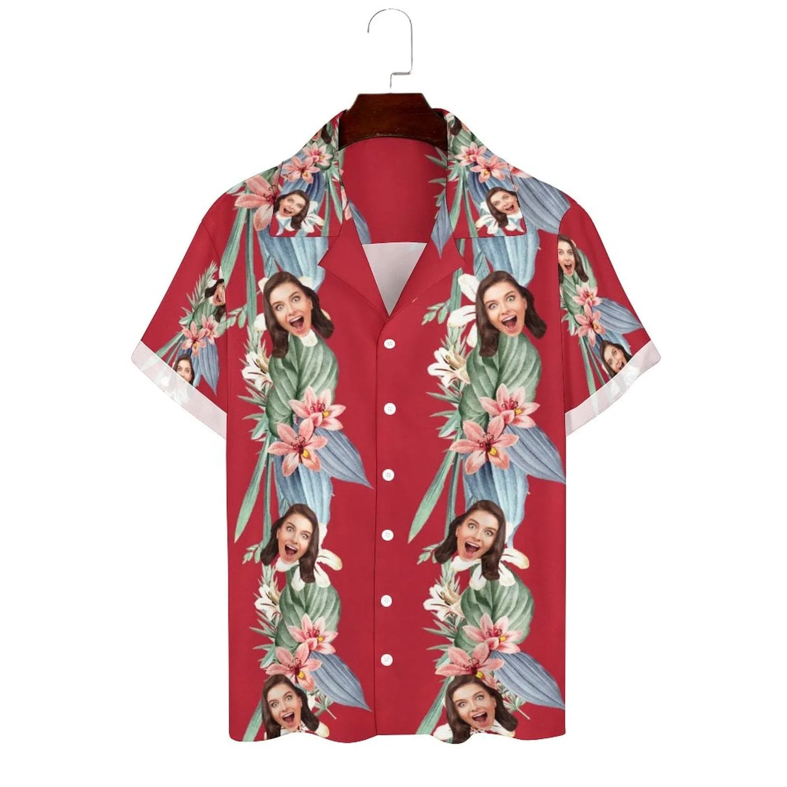 Custom Face Vertical Tropic Flowers Cuban Collar Shirt Hawaiian Shirt for Husband or Boyfriend