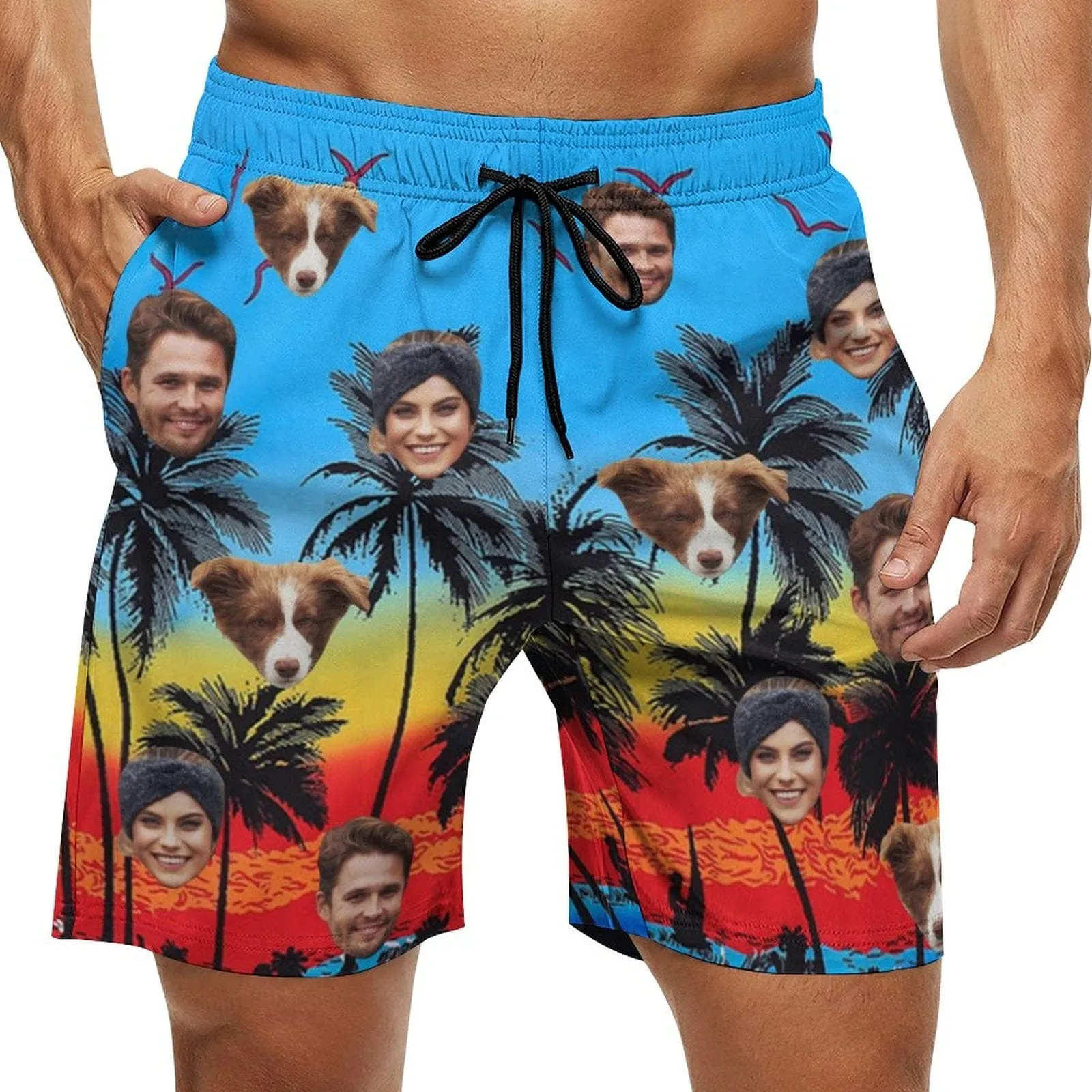 Custom Family Face Beach Vacation Men's Casual Beach Shorts with Drawstring