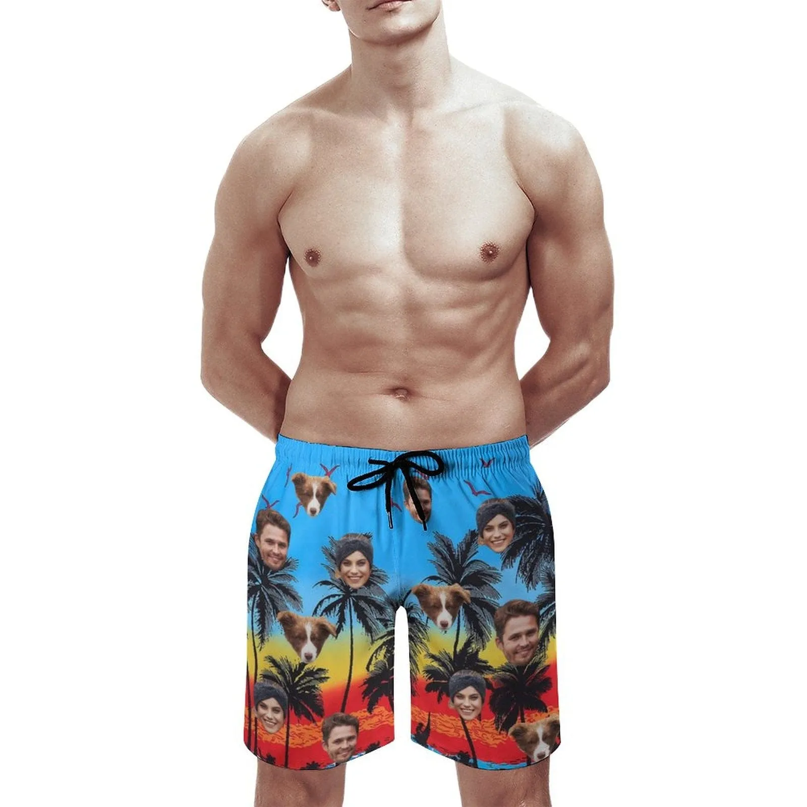 Custom Family Face Beach Vacation Men's Casual Beach Shorts with Drawstring