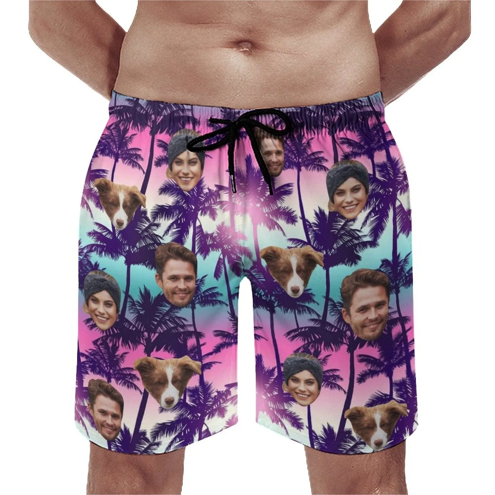 Custom Family Face Purple Beach Men's Casual Beach Shorts with Drawstring