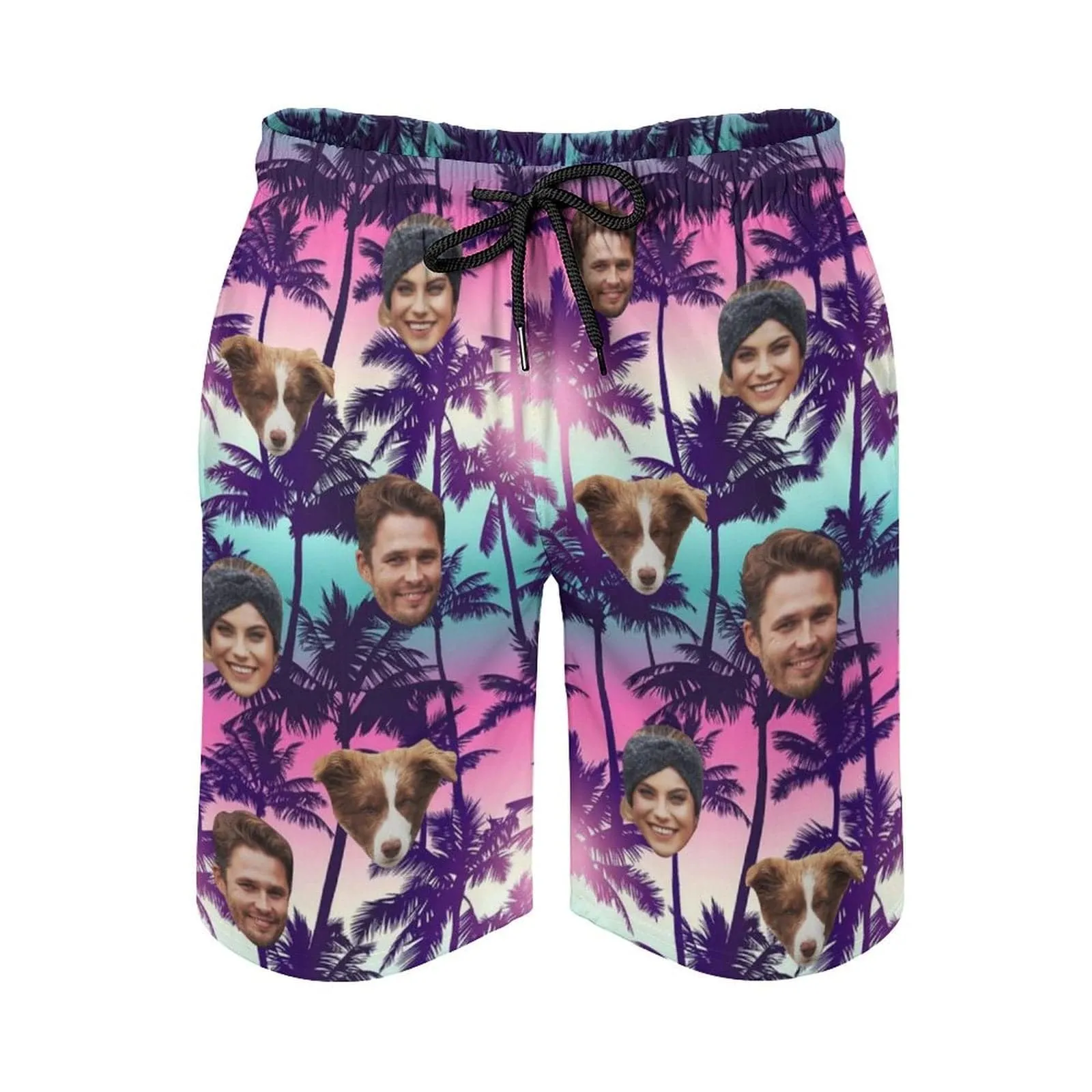 Custom Family Face Purple Beach Men's Casual Beach Shorts with Drawstring