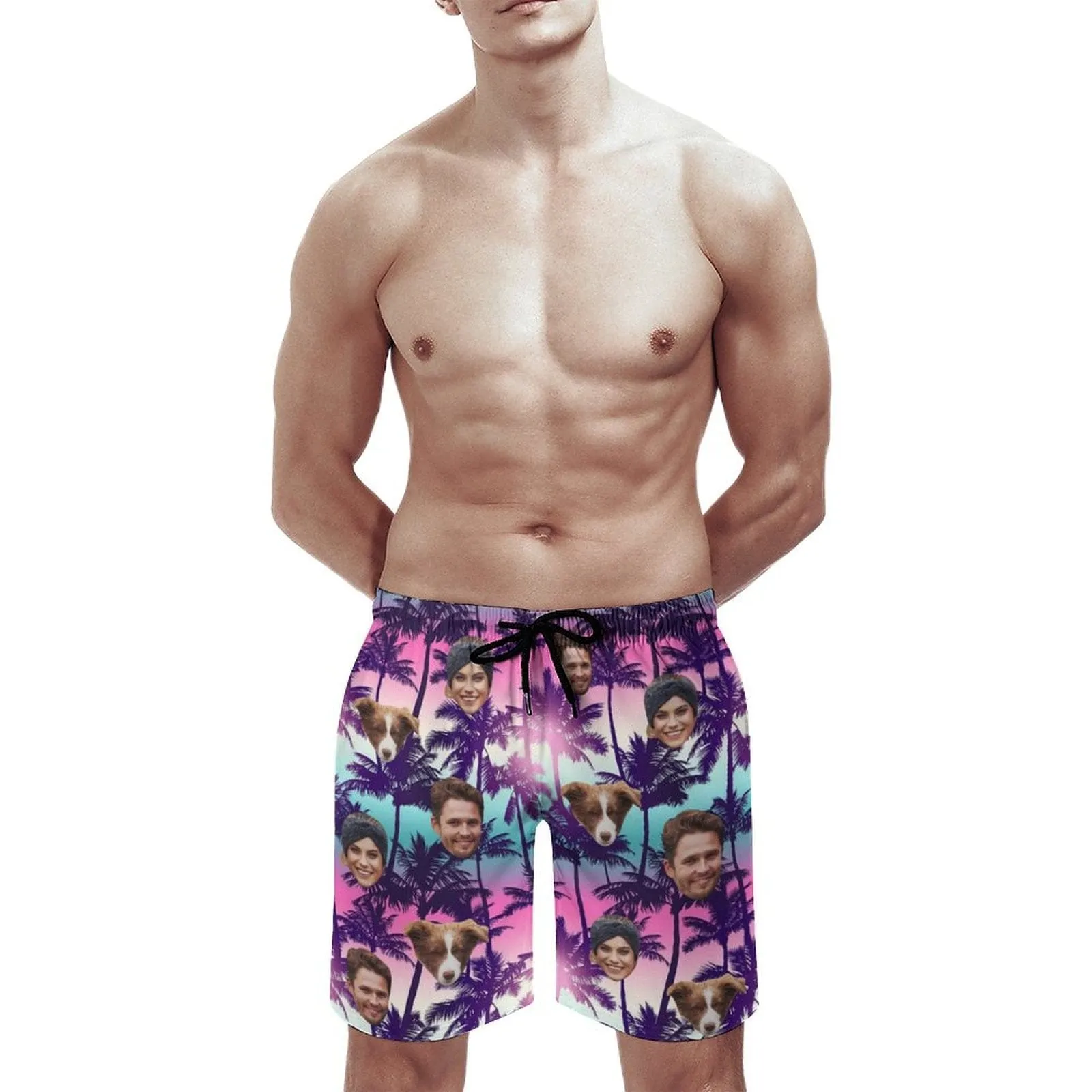 Custom Family Face Purple Beach Men's Casual Beach Shorts with Drawstring