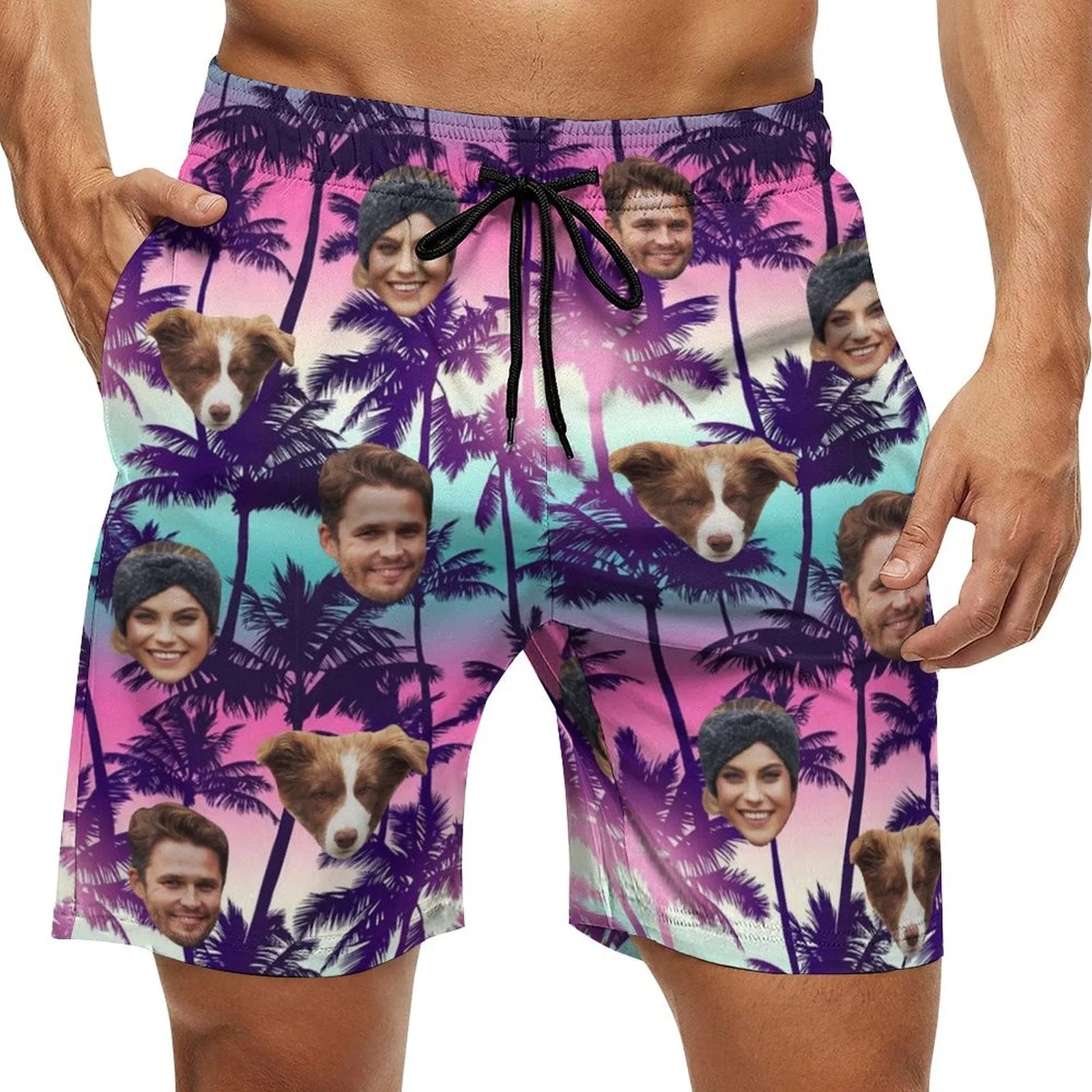 Custom Family Face Purple Beach Men's Casual Beach Shorts with Drawstring