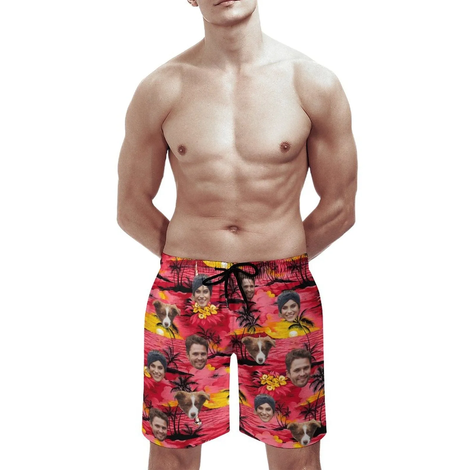 Custom Family Face Red Beach Men's Casual Beach Shorts with Drawstring