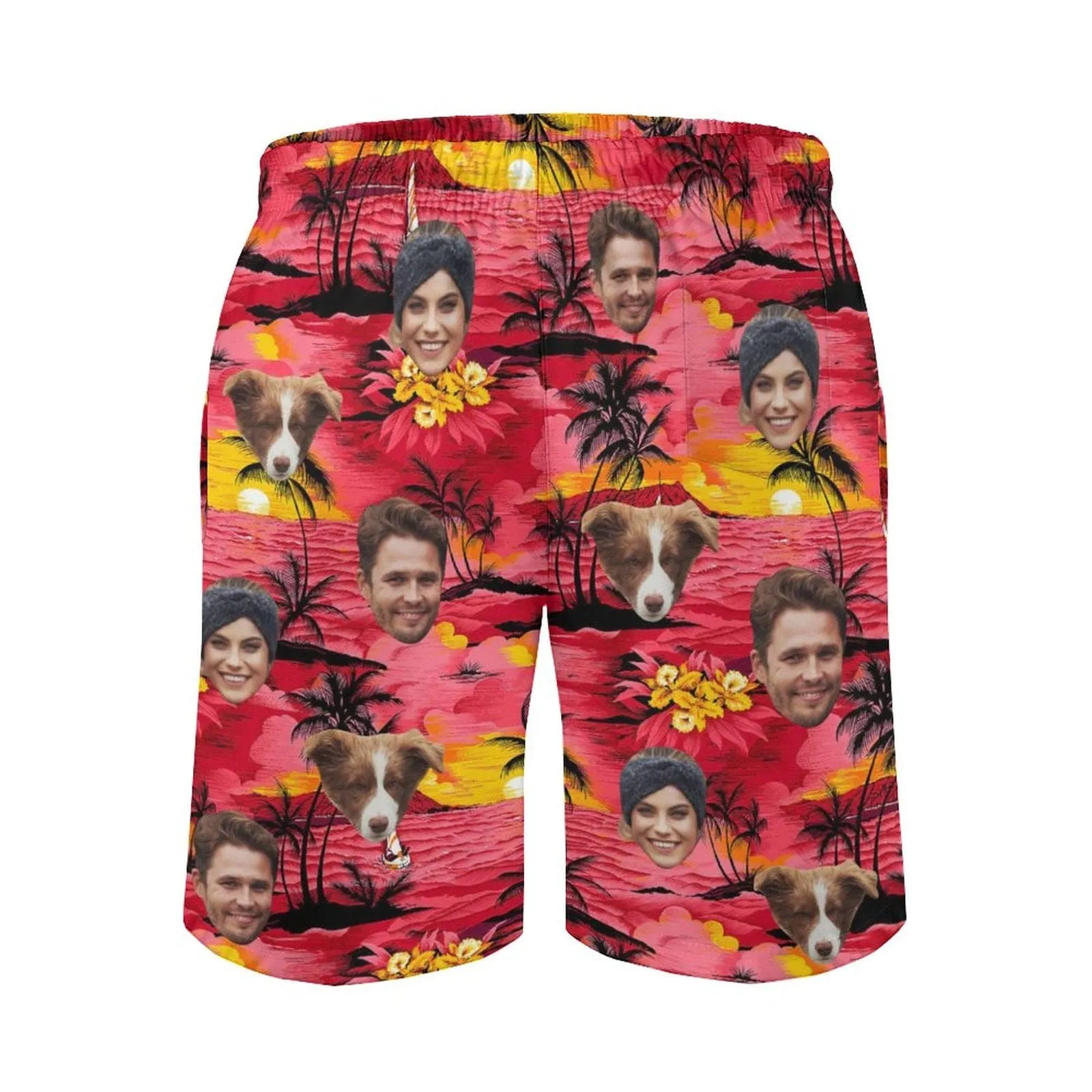 Custom Family Face Red Beach Men's Casual Beach Shorts with Drawstring