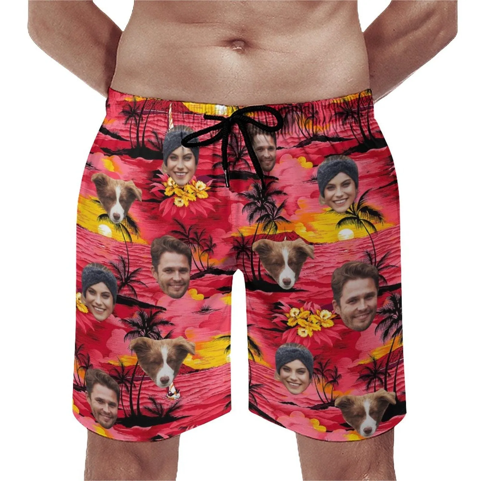 Custom Family Face Red Beach Men's Casual Beach Shorts with Drawstring