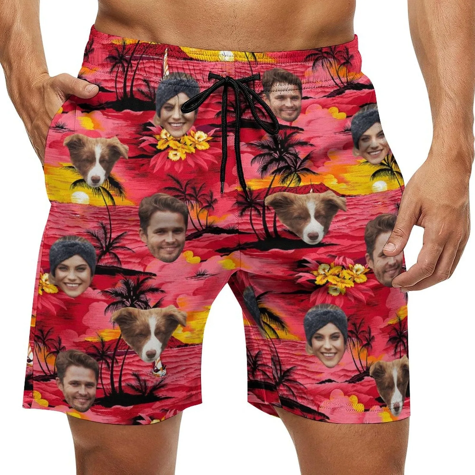 Custom Family Face Red Beach Men's Casual Beach Shorts with Drawstring