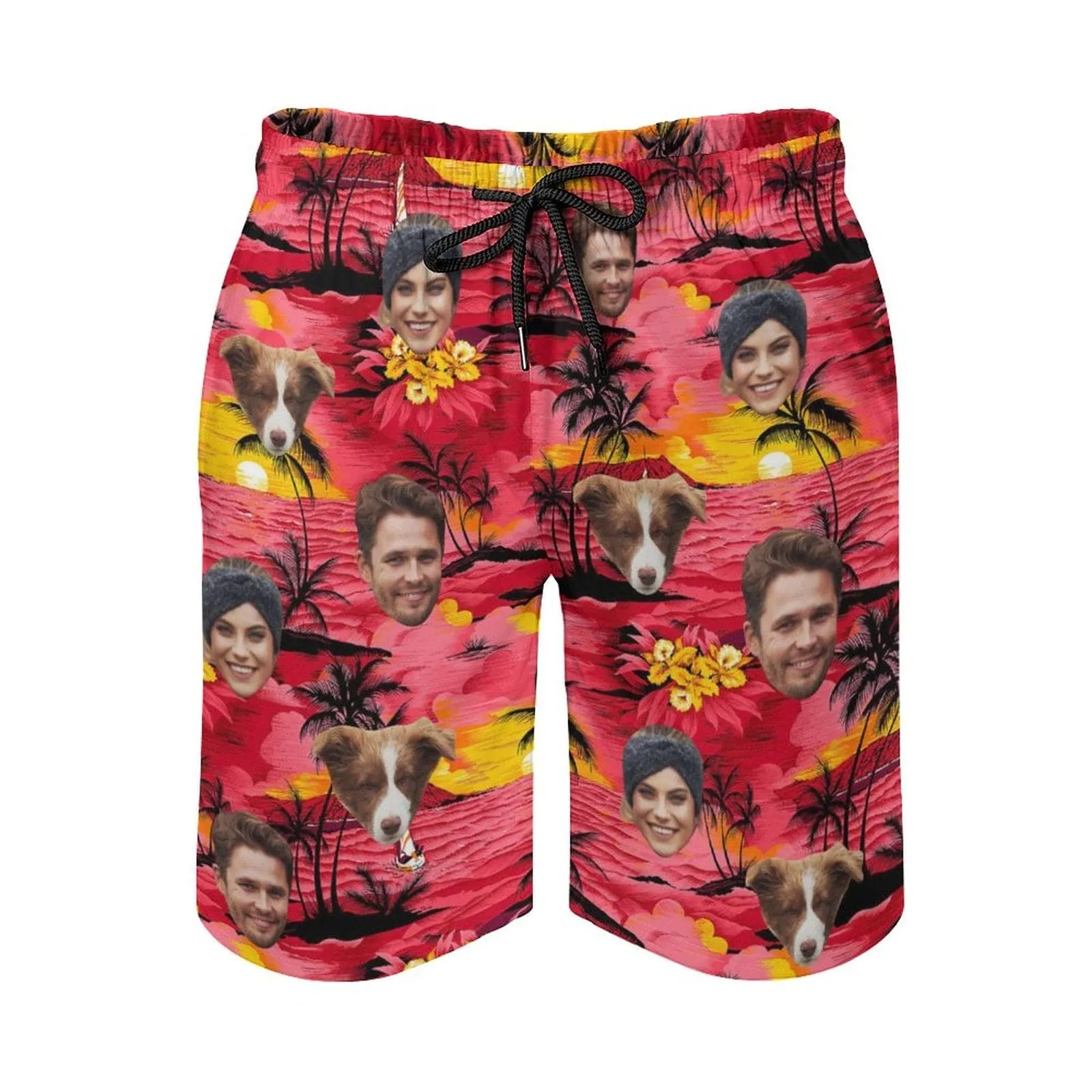 Custom Family Face Red Beach Men's Casual Beach Shorts with Drawstring