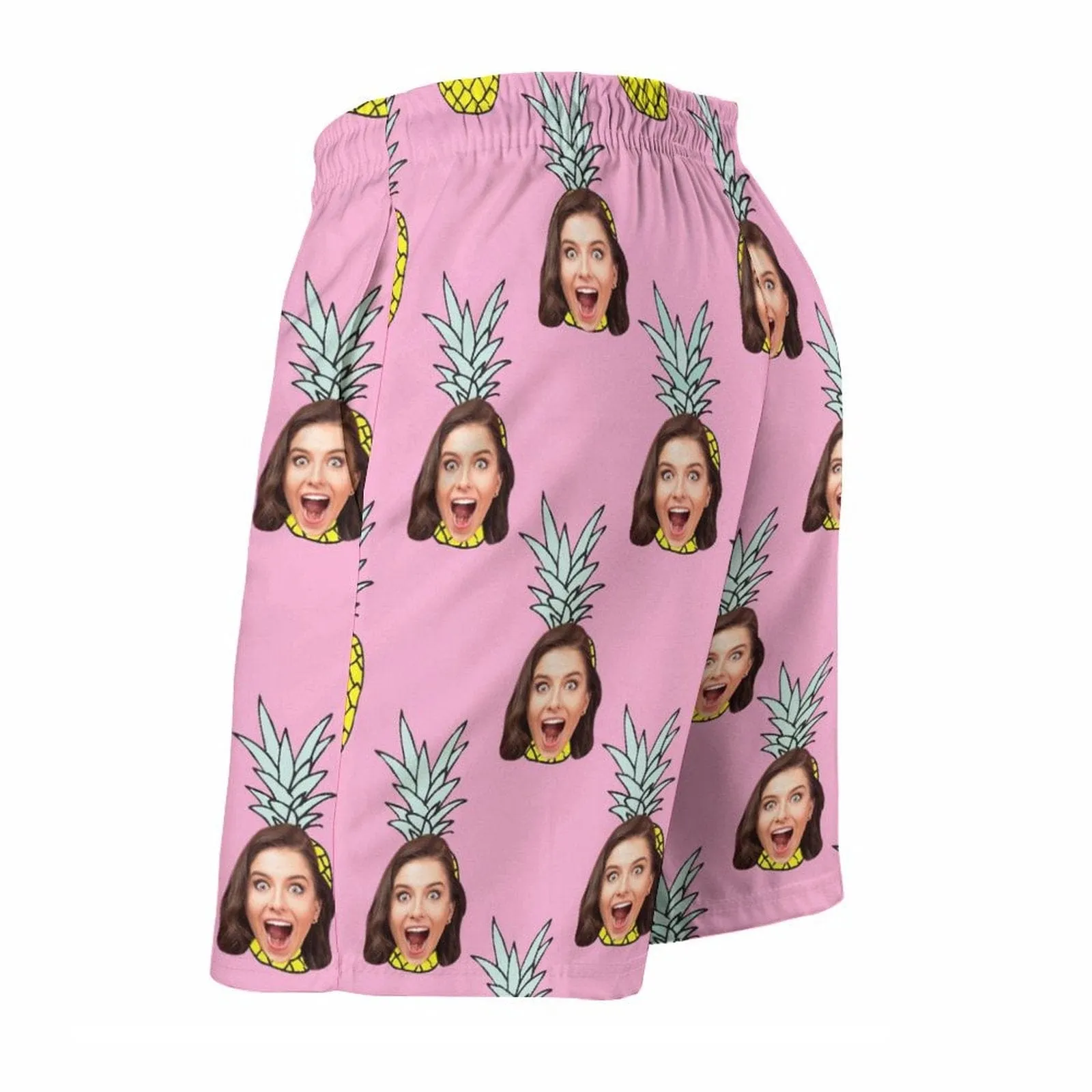 Custom Girlfriend Face Pineapple Pink Men's Casual Beach Shorts with Drawstring