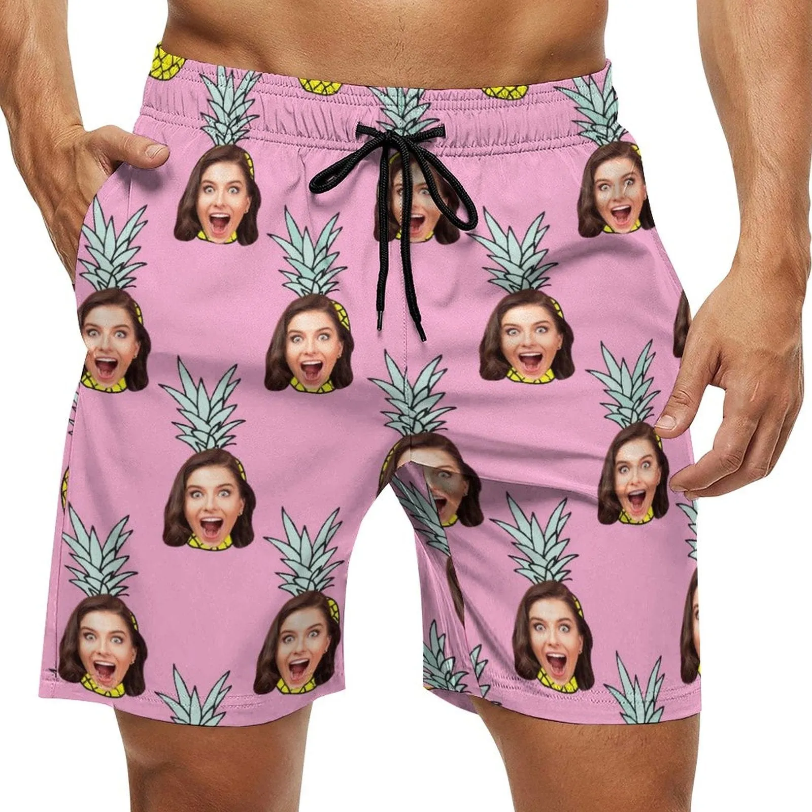 Custom Girlfriend Face Pineapple Pink Men's Casual Beach Shorts with Drawstring