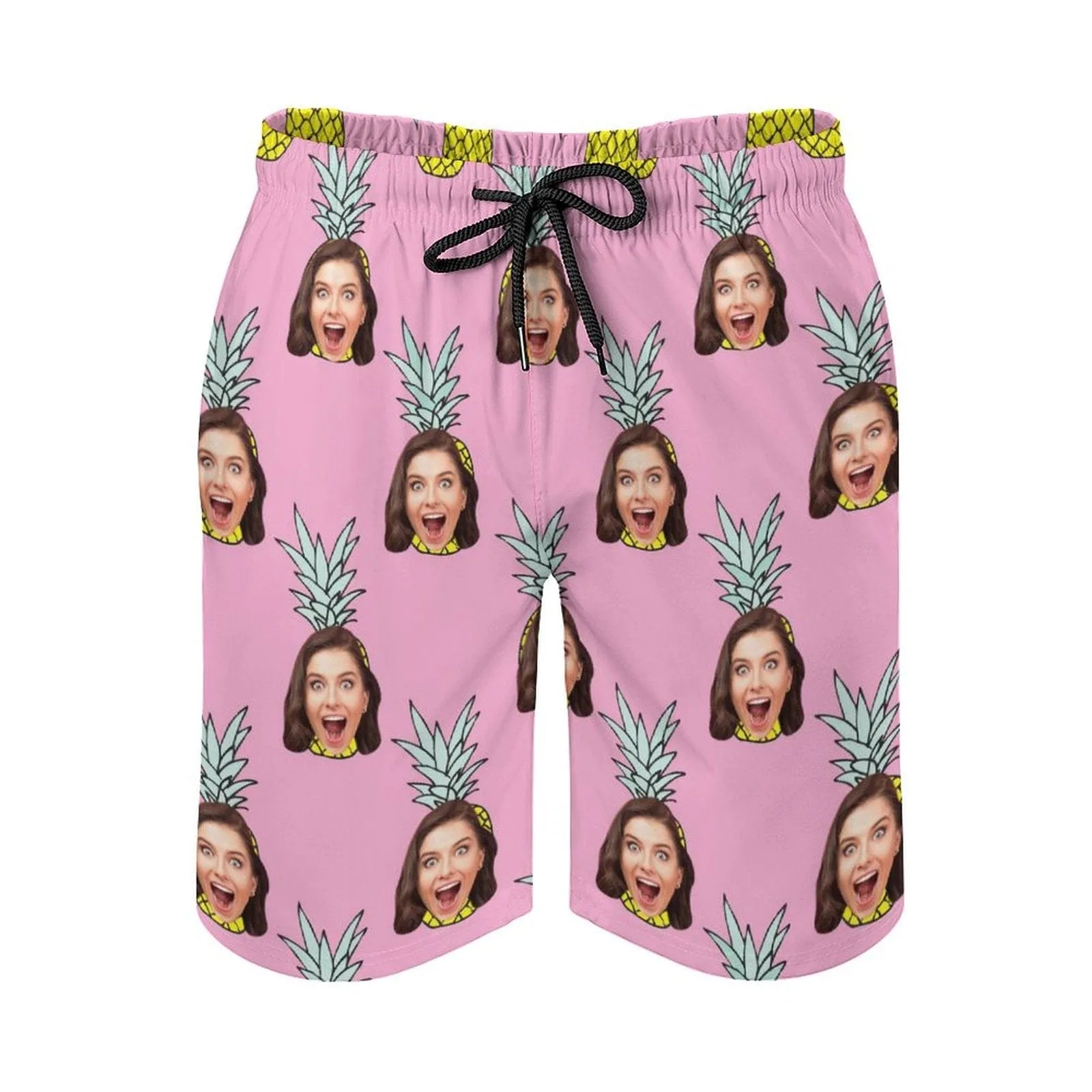 Custom Girlfriend Face Pineapple Pink Men's Casual Beach Shorts with Drawstring