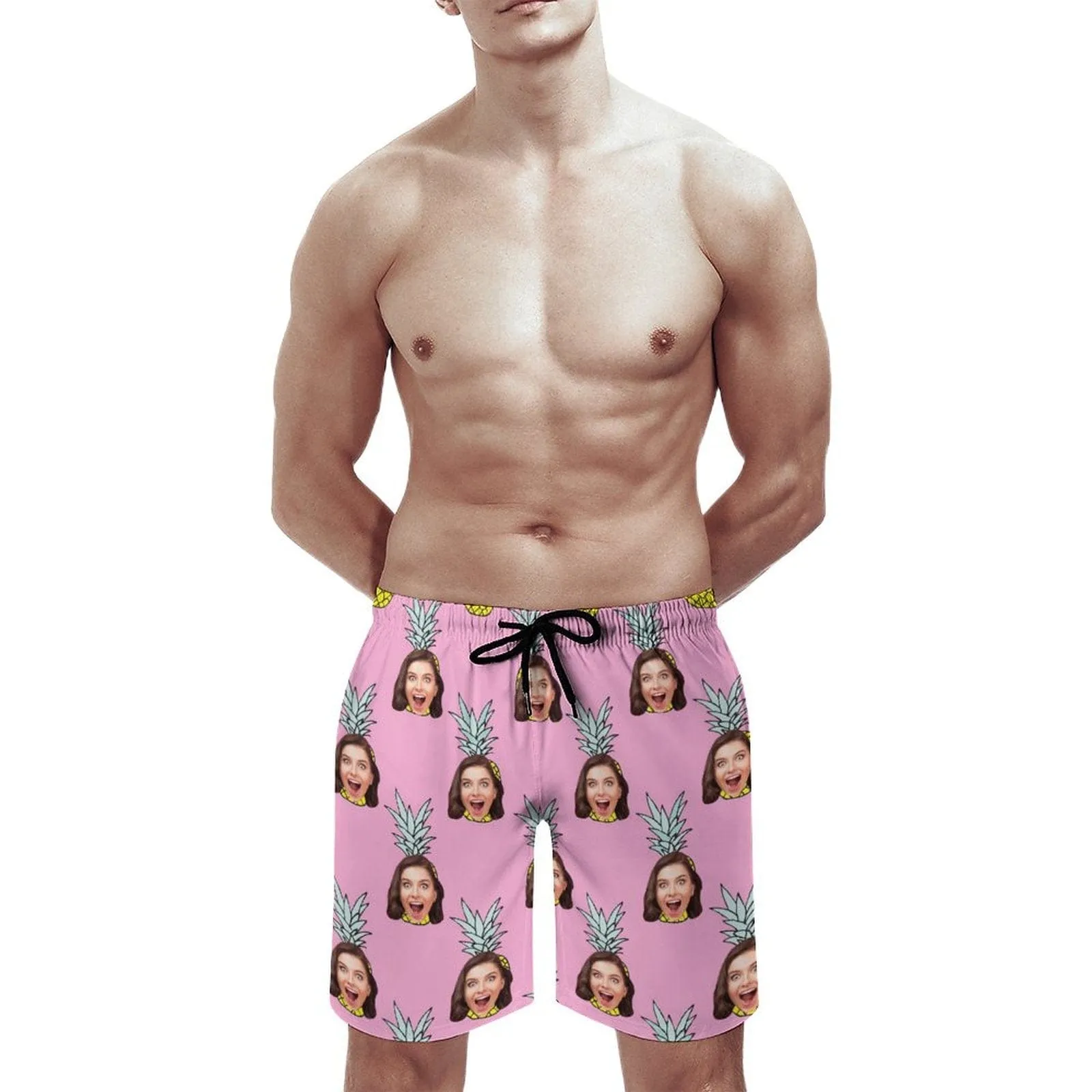 Custom Girlfriend Face Pineapple Pink Men's Casual Beach Shorts with Drawstring