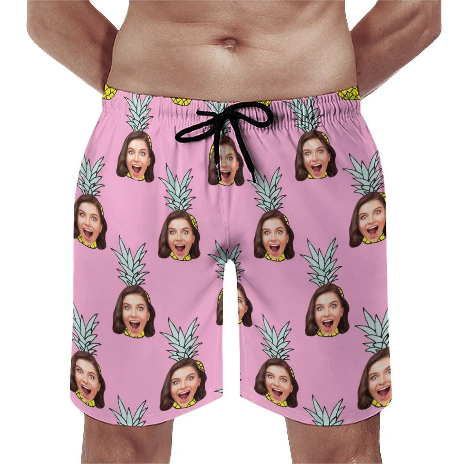 Custom Girlfriend Face Pineapple Pink Men's Casual Beach Shorts with Drawstring