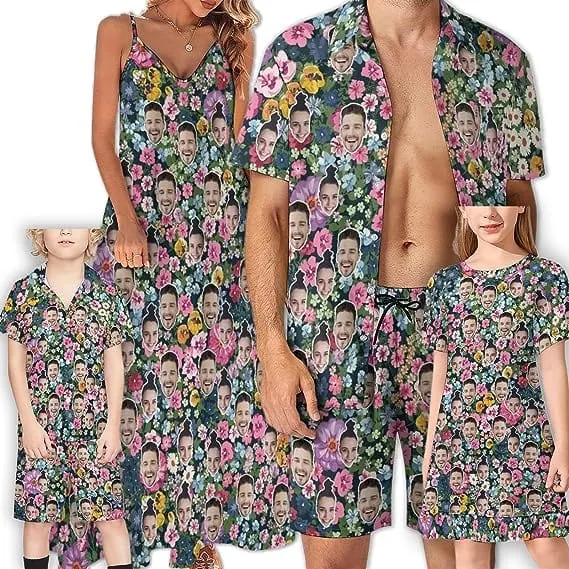 Family Hawaiian Dress Set Cruise Outfit Custom Face Floral Multi Hawaiian Shirt Set&Dress