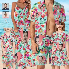 Family Hawaiian Dress Set Cruise Outfit Custom Face Floral Turquoise Hawaiian Shirt Set&Dress