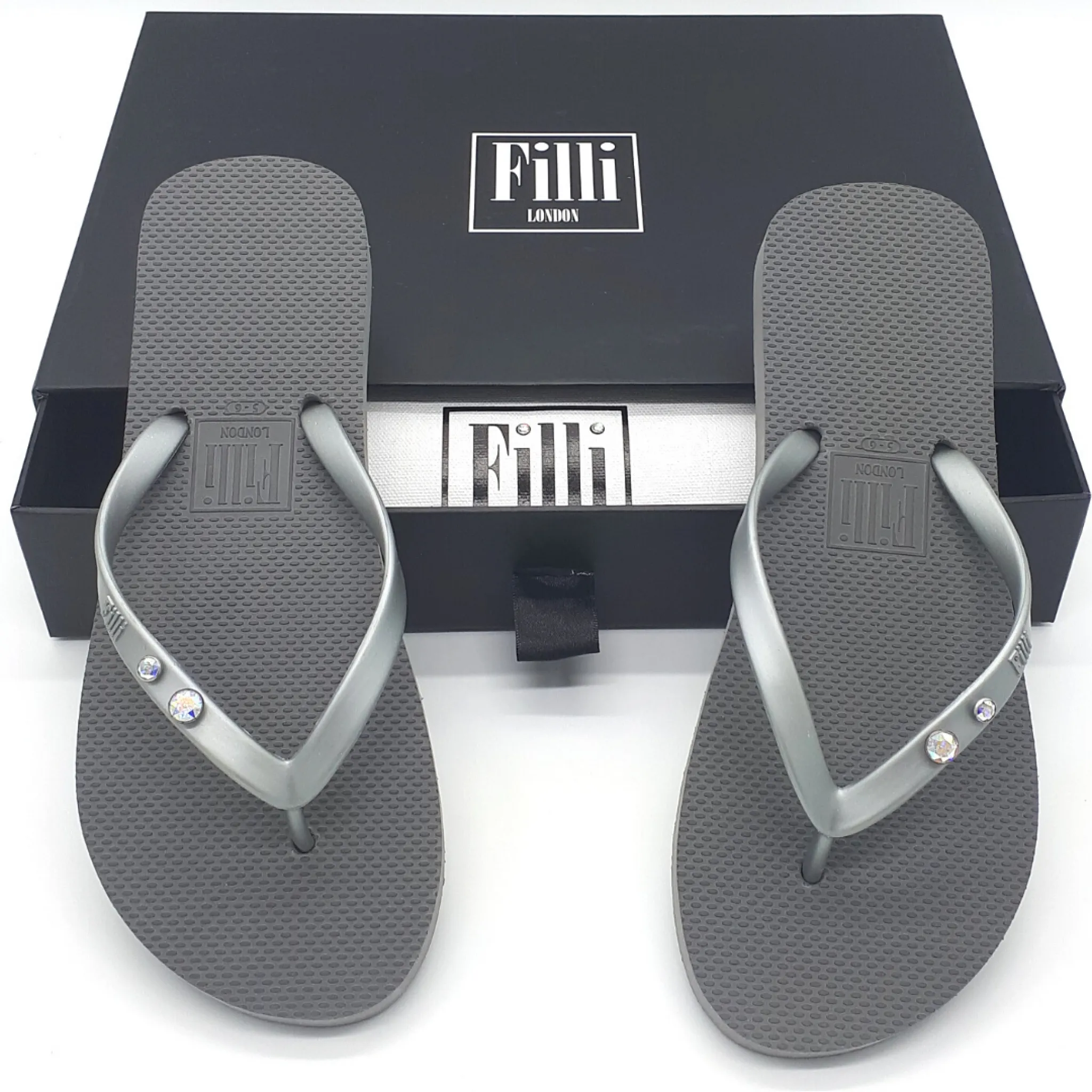 Filli London Aurora Crystal Duo Luxury Flip Flops - Silver