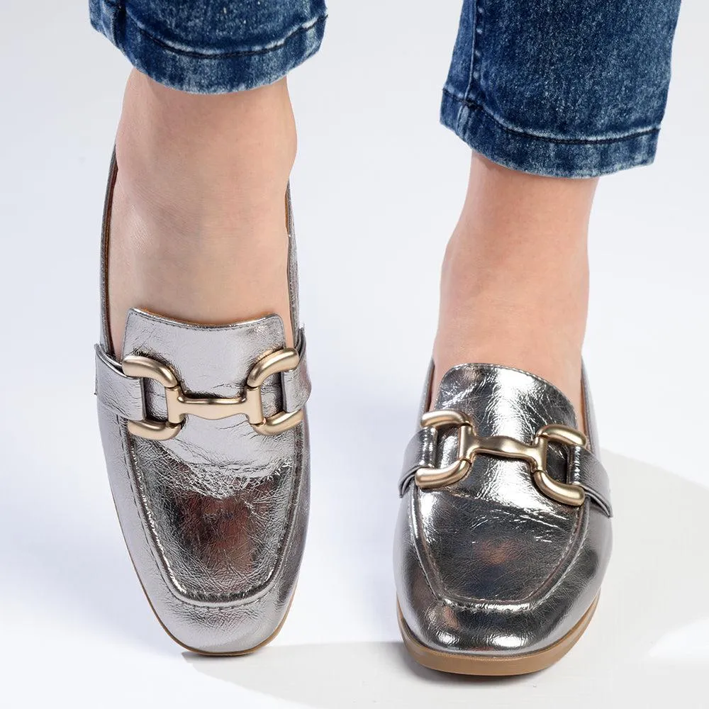 Madison Polly Loafer With Gold Metal Trim Detail - Pewter