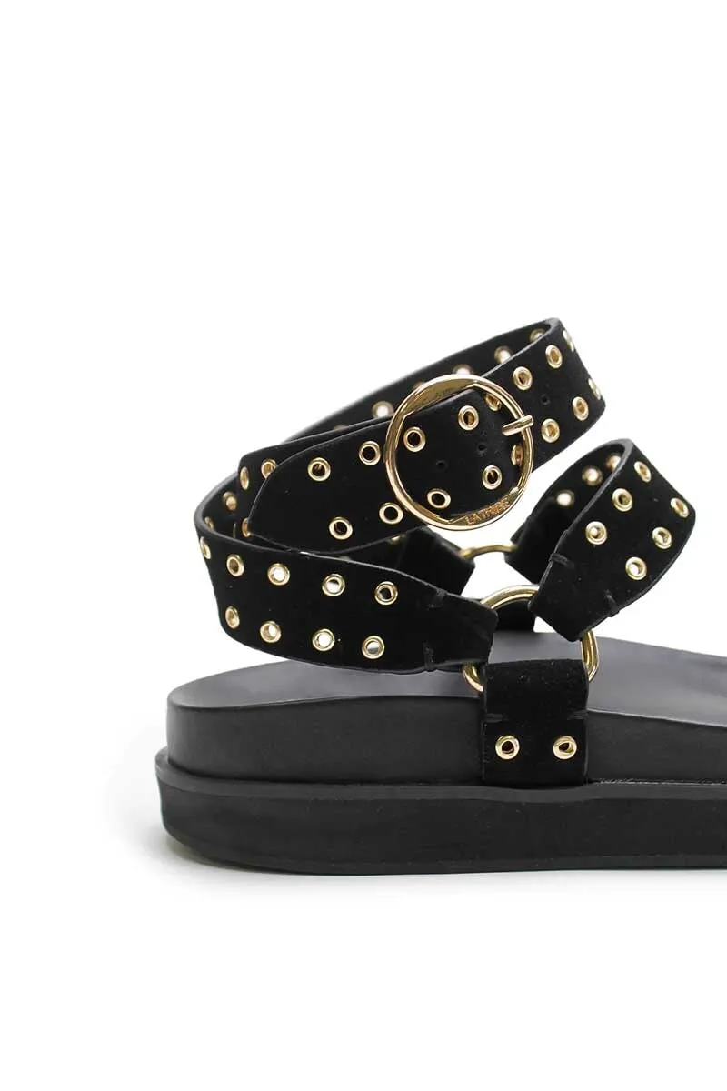 PLATFORM SANDAL-BLACK SUEDE/GOLD EYELET