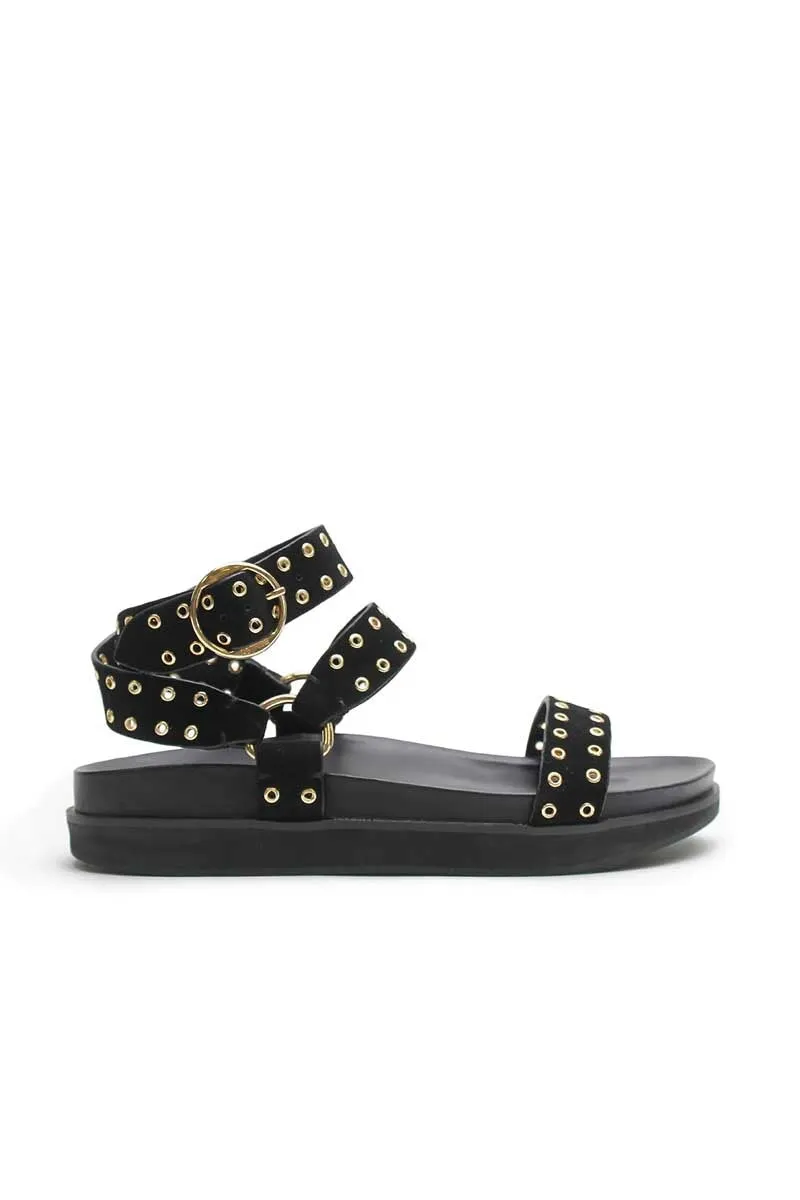 PLATFORM SANDAL-BLACK SUEDE/GOLD EYELET