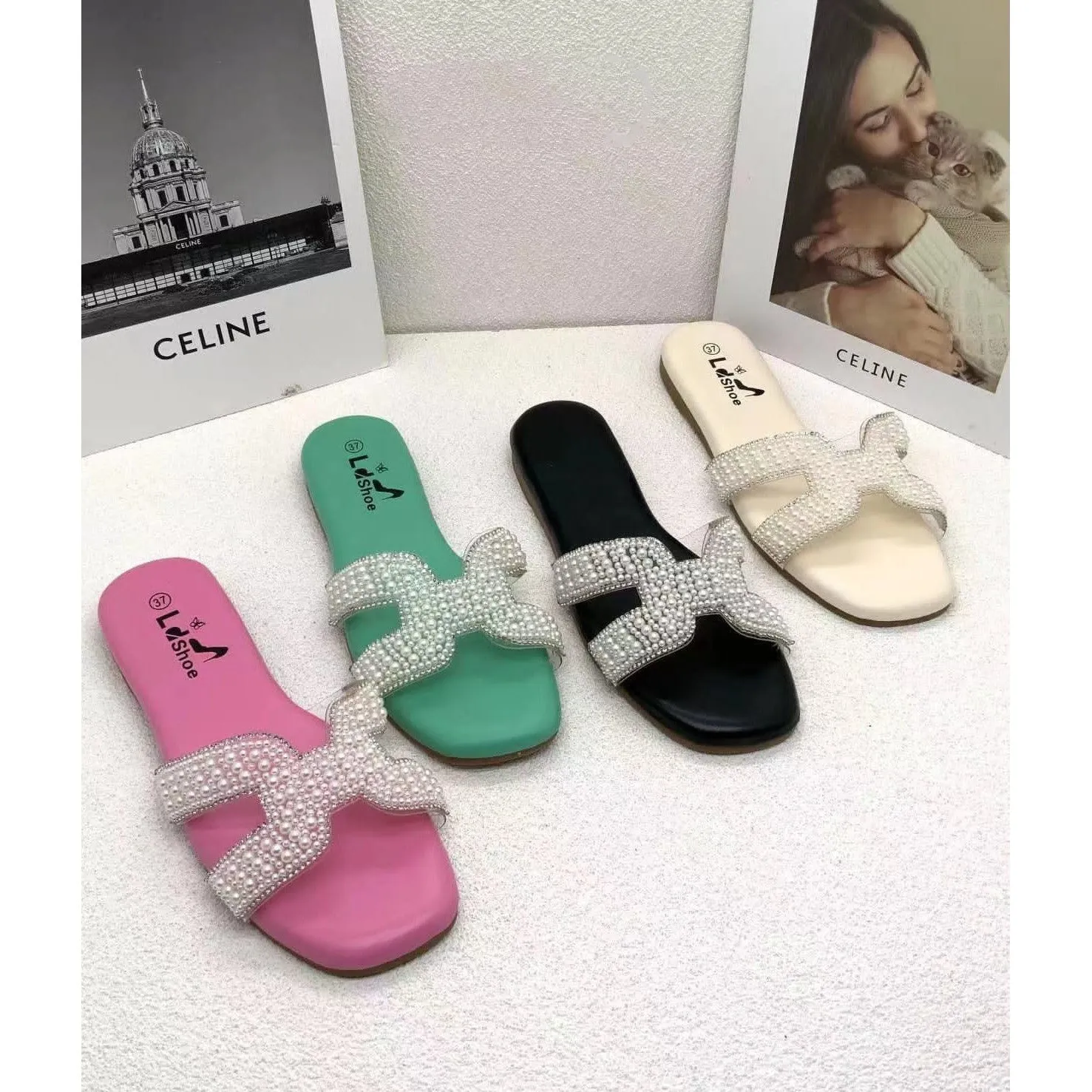 Rhinestone Pearl Flat Slides Sandals