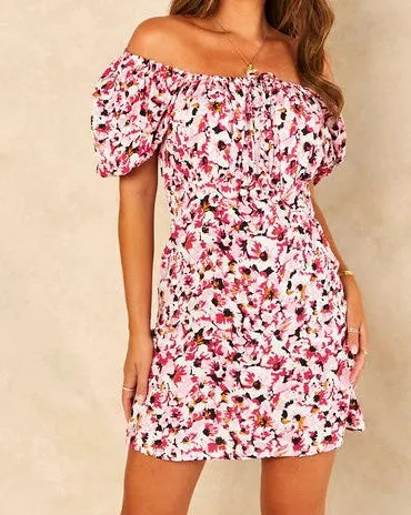 Signage Printed Baloon Sleeves Short Milkmaid Dress