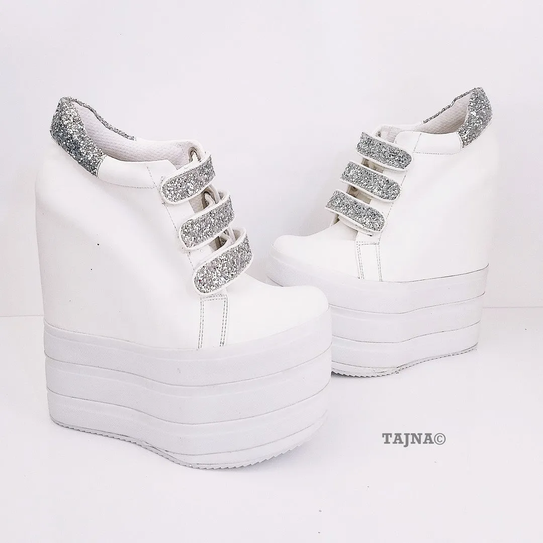 Sport Platforms Silver White Wedge Shoes