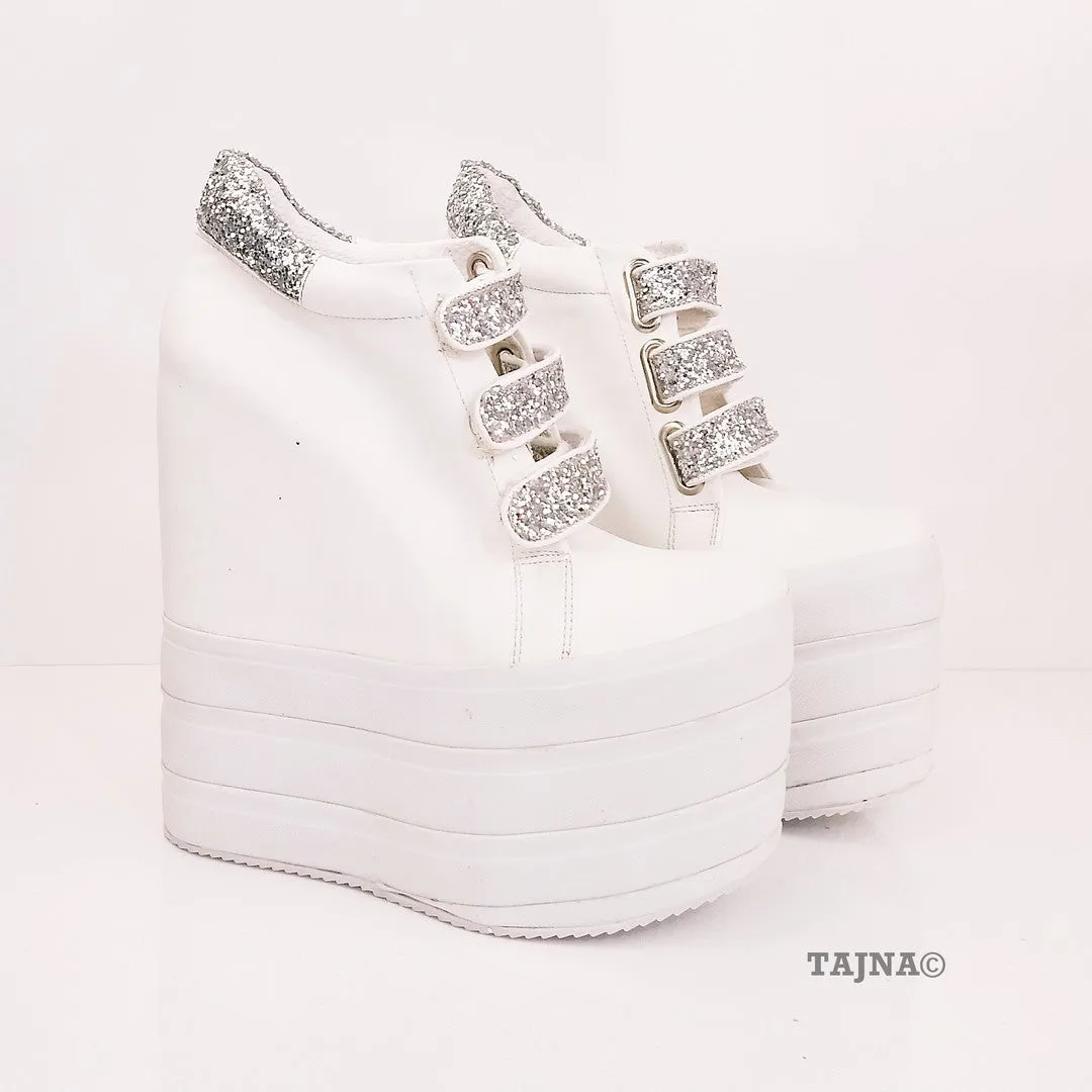 Sport Platforms Silver White Wedge Shoes