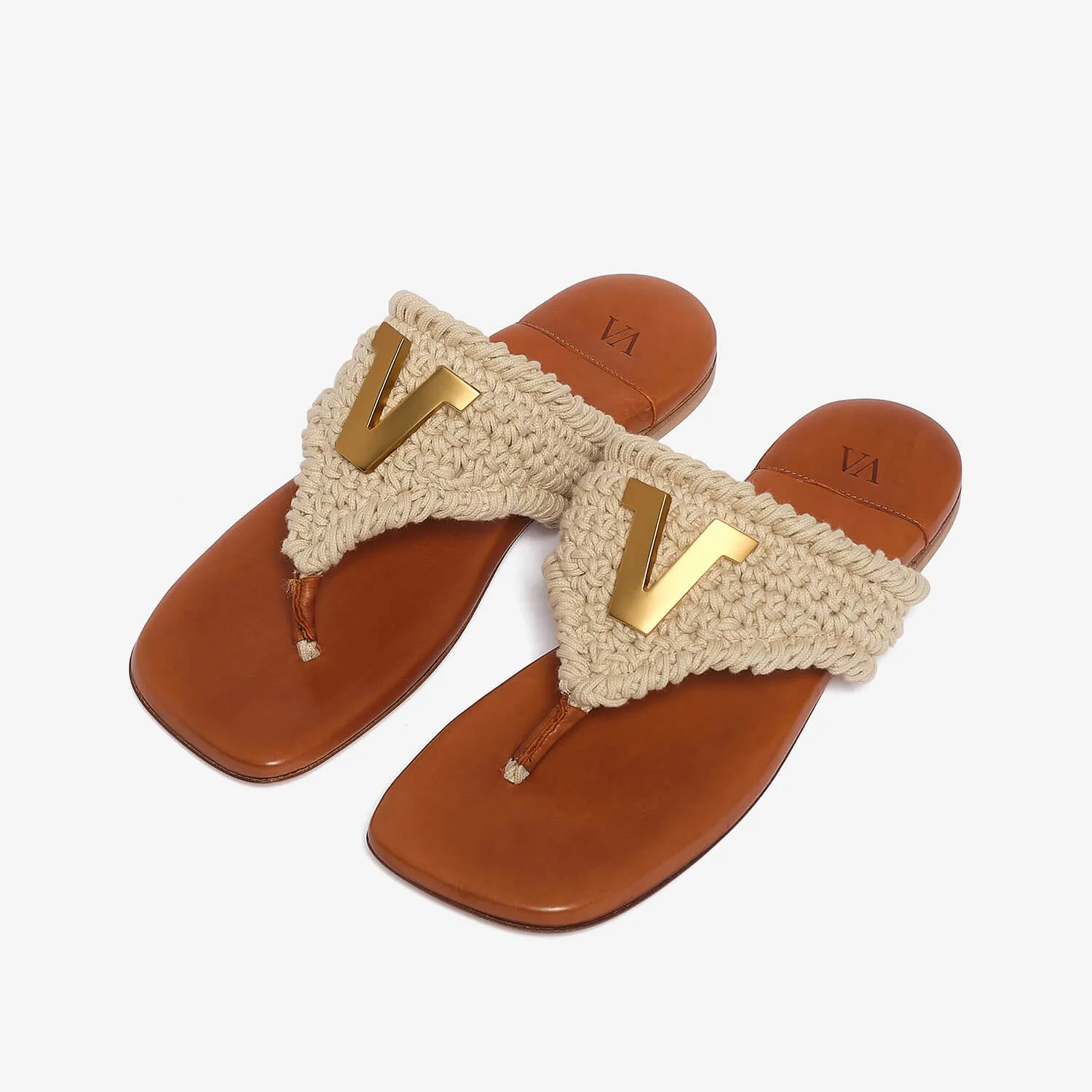 Women's crochet-nappa leather flip flop sandal